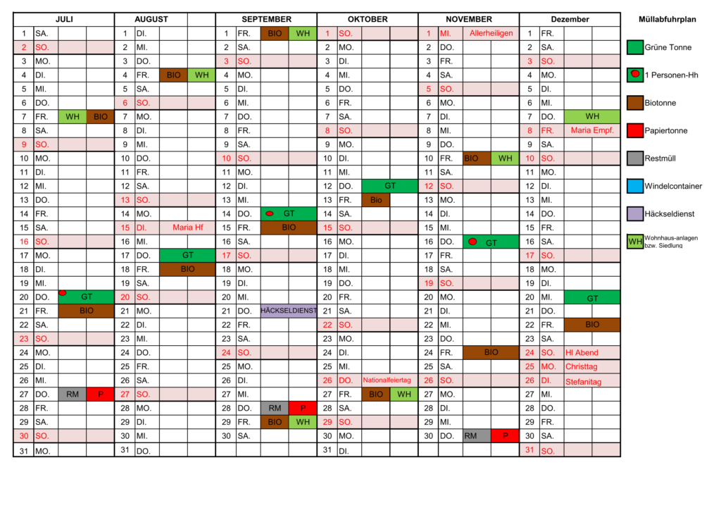 Müllabfuhrplan 2. Halbjahr 2023 Gemeinde Höflein an der Hohen Wand